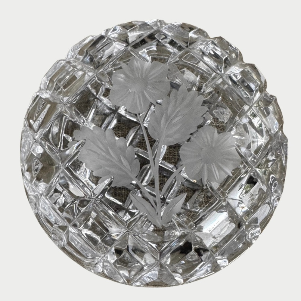 Crystal Jewelry Trinket Box Round Clear Cut & Etched Floral